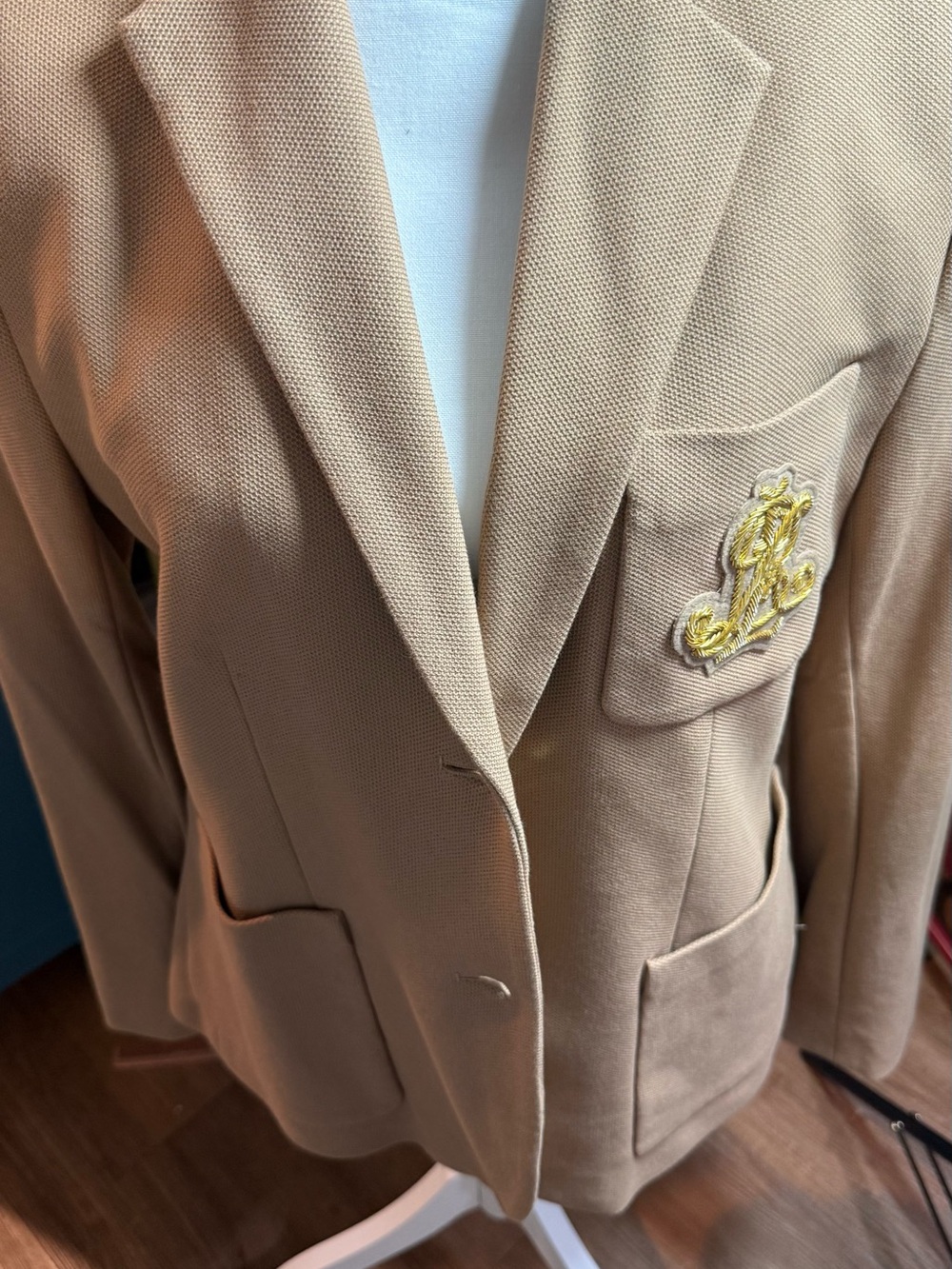 Ralph Lauren Tan Blazer with Embroidered Gold Crest